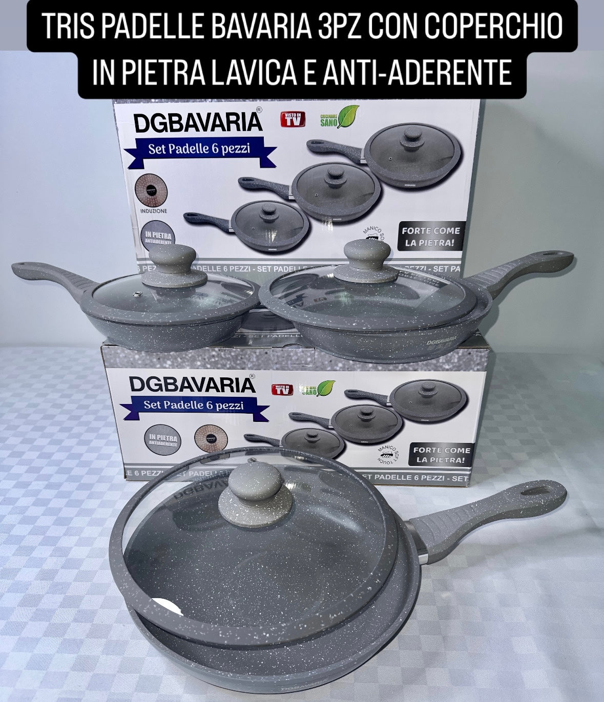 TRIS PADELLE BAVARIA 3 PEZZI CON COPERCHIO IN PIETRA LAVICA E ANTI-ADERENTE CON 5 UTENSILI CUCINA IN OMAGGIO