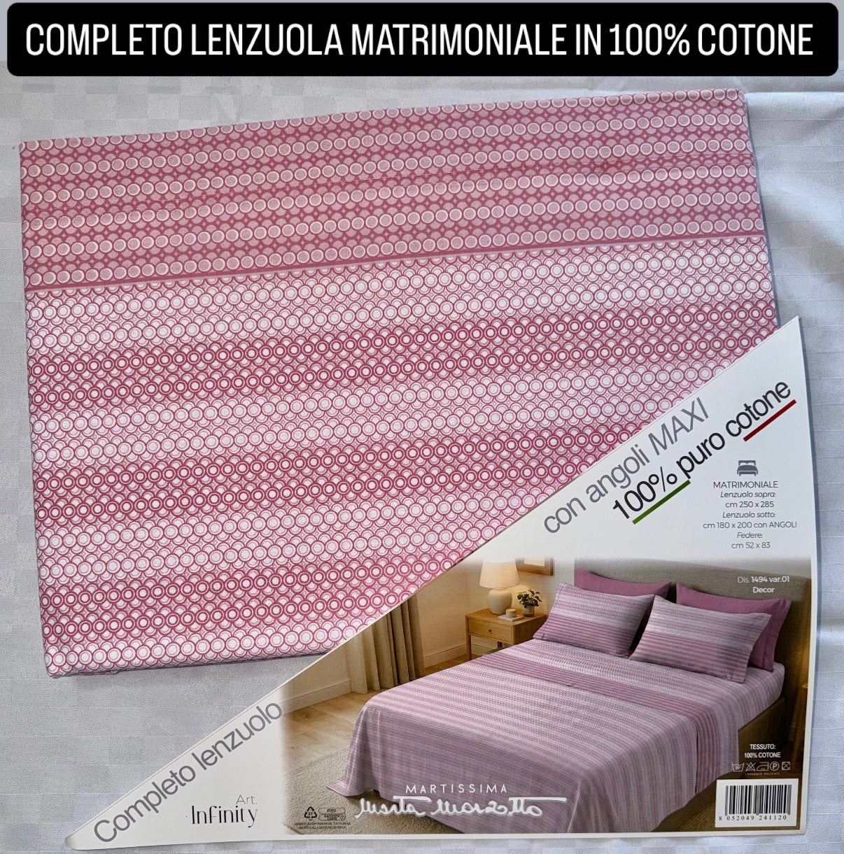 COMPLETO LENZUOLA MATRIMONIALE IN 100% COTONE , contiene Lenzuolo sopra, Lenzuolo sotto con angoli e due Federe
