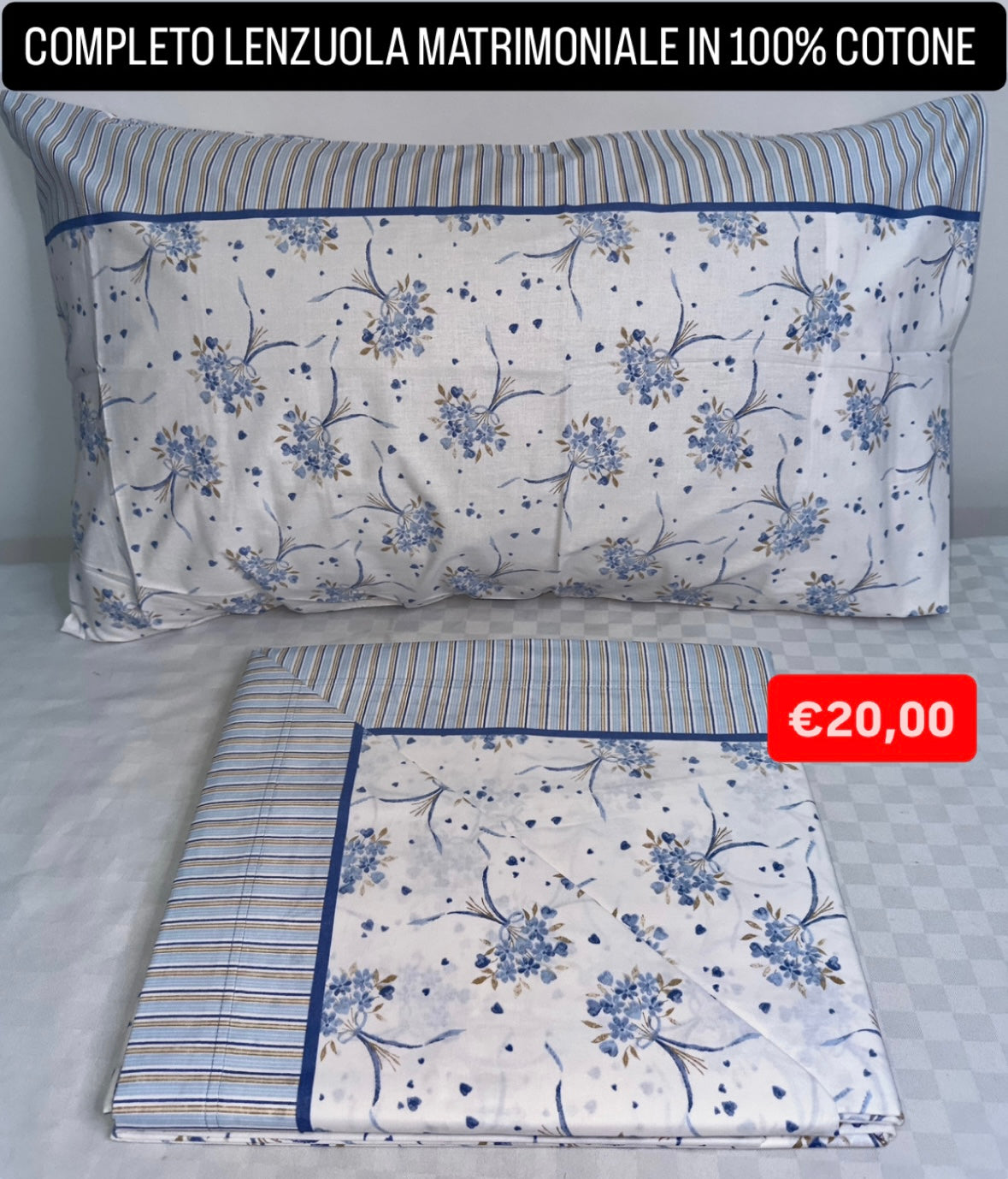 COMPLETO LENZUOLA MATRIMONIALE IN 100% COTONE Lenzuolo sopra, Lenzuolo sotto con angoli e due Federe