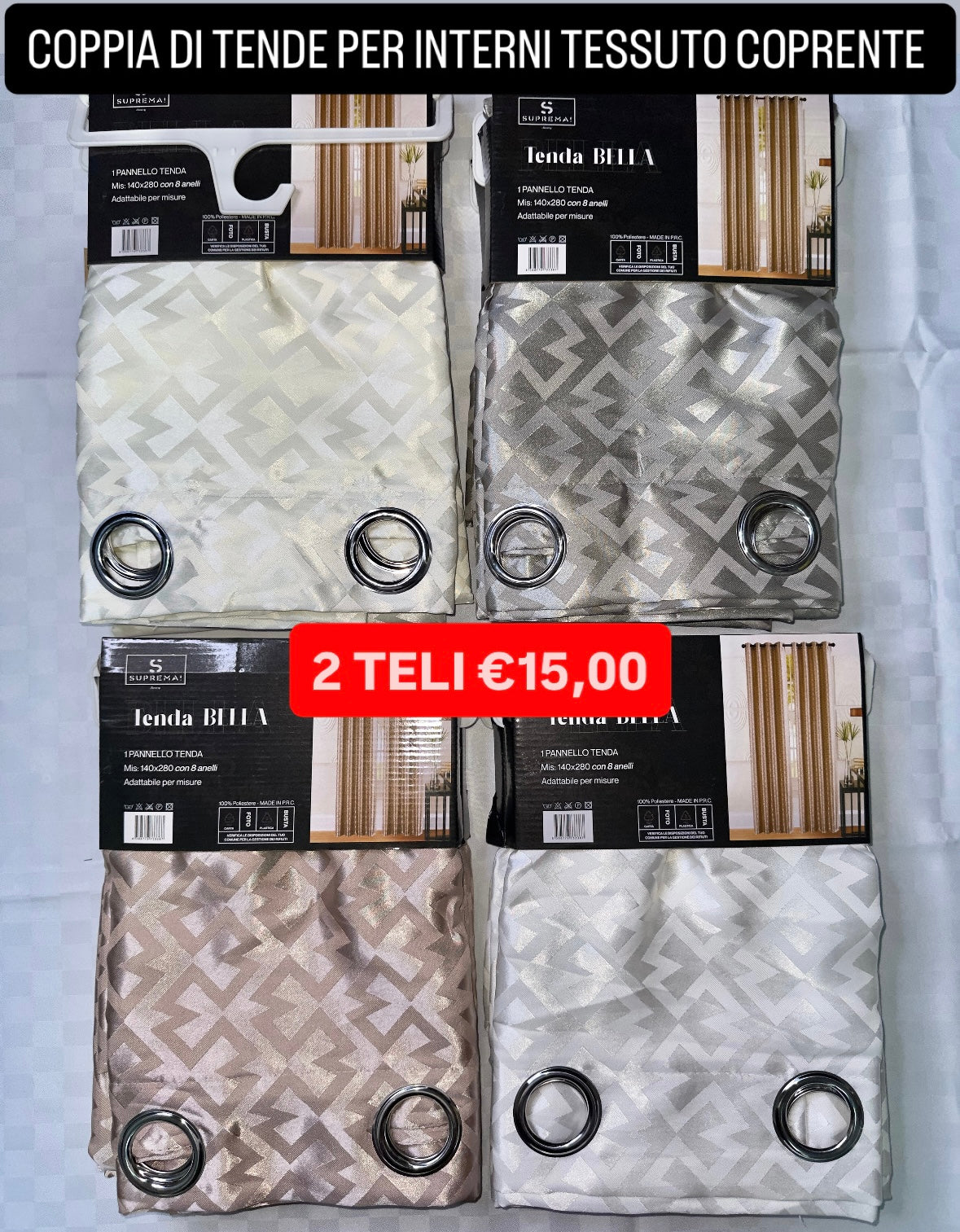 COPPIA DI TENDE PER INTERNI TESSUTO COPRENTE CONFEZIONE DA 2 TELI (OGNI TELO MISURA 140x280cm)art. Bella