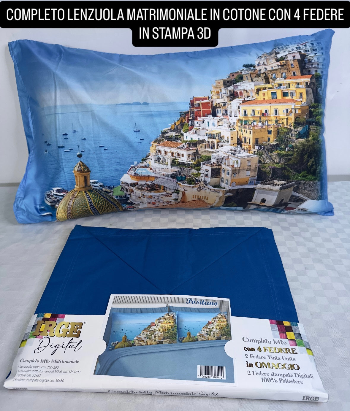 COMPLETO LENZUOLA MATRIMONIALE IN COTONE, LENZUOLO SOPRA, LENZUOLO SOTTO E 4 FEDERE IN STAMPA 3D.