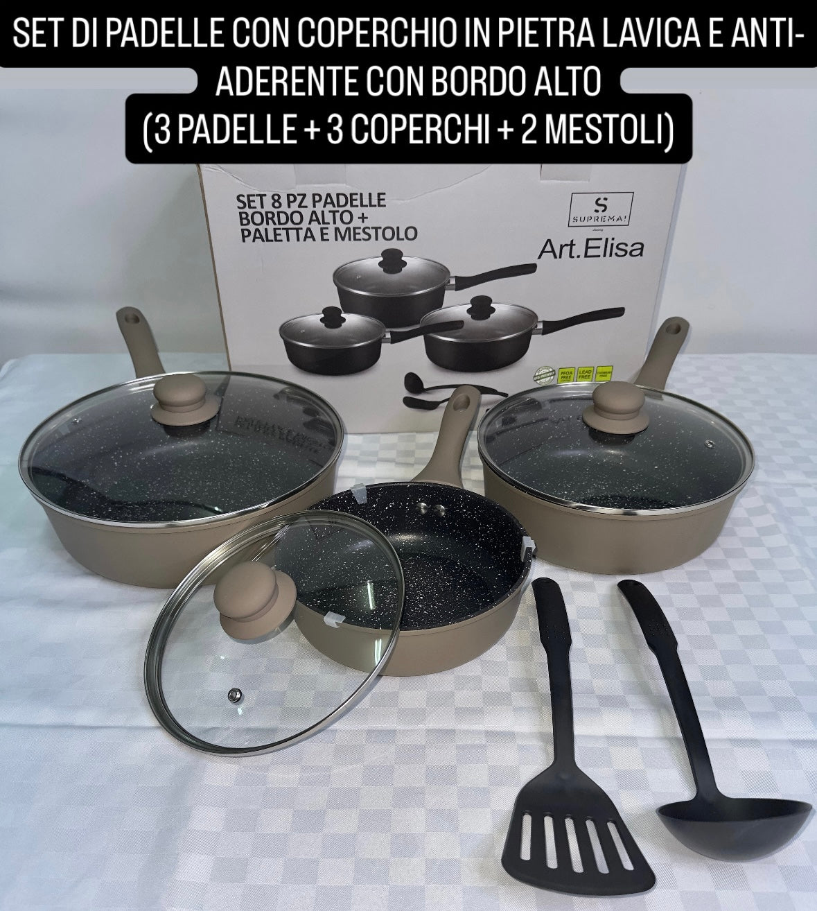 SET DI PADELLE IN PIETRA LAVICA E ANTI-ADERENTE CON BORDO ALTO contiene 3 Padelle, 3 Coperchi e a Mestoli