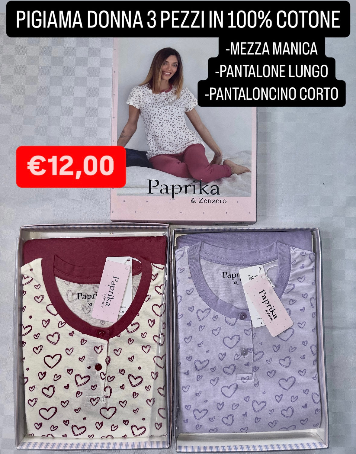 PIGIAMA DONNA 3 PEZZI IN 100% COTONE Maglia mezza manica, Pantalone lungo e Pantaloncino corto