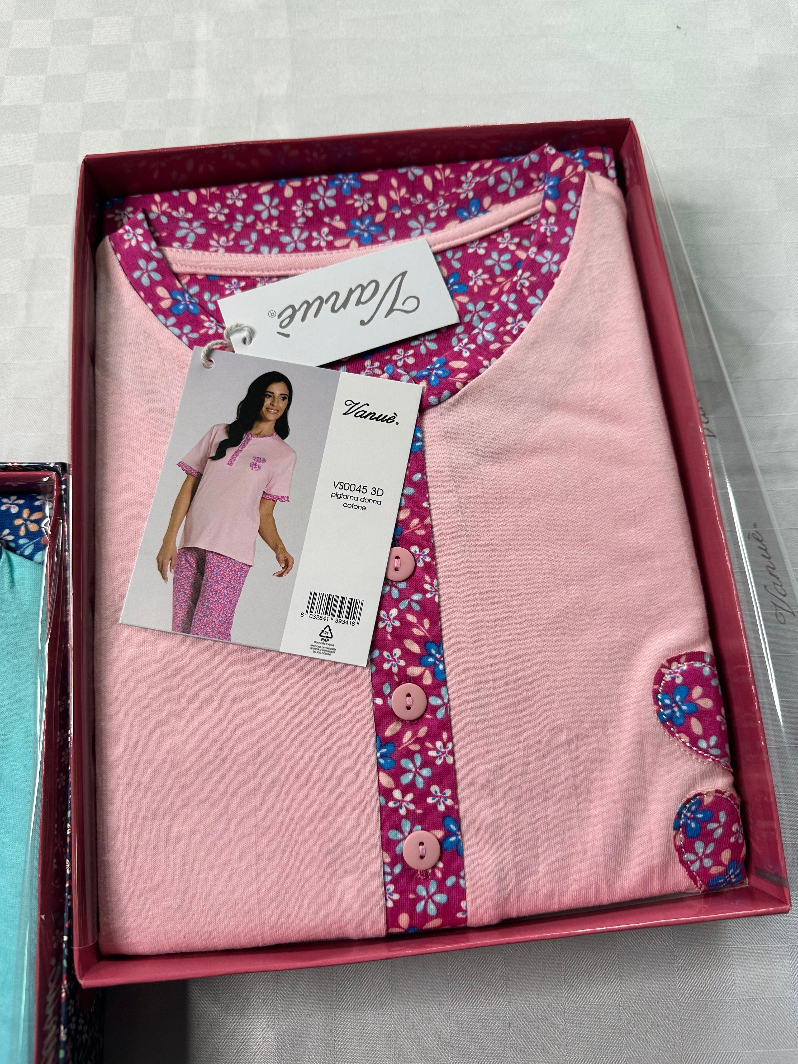 PIGIAMA DONNA 3 PEZZI IN 100% COTONE Maglia mezza manica, Pantalone lungo e Pantaloncino corto