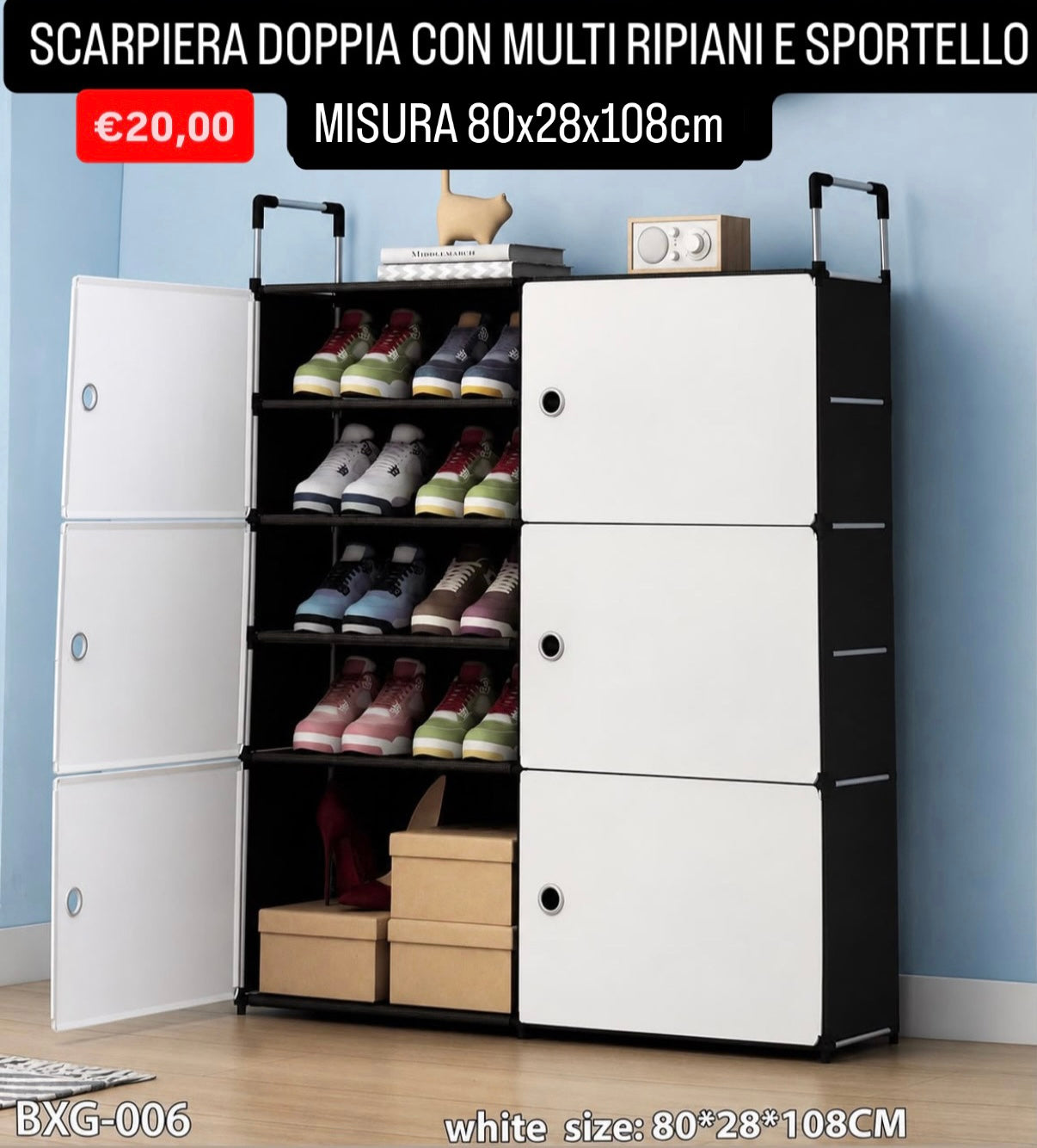 SCARPIERA DOPPIA MULTI RIPIANI CON SPORTELLO misura 80x28x108cm