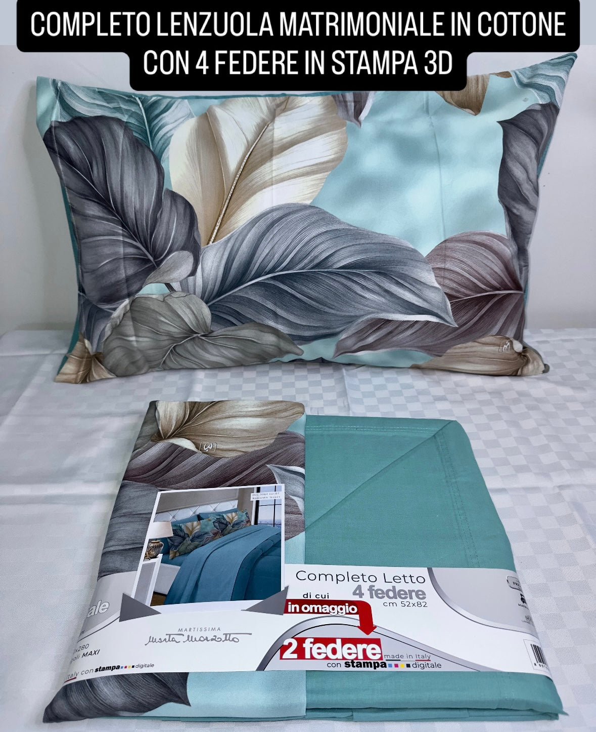 COMPLETO LENZUOLA MATRIMONIALE IN COTONE, LENZUOLO SOPRA, LENZUOLO SOTTO E 4 FEDERE IN STAMPA 3D.