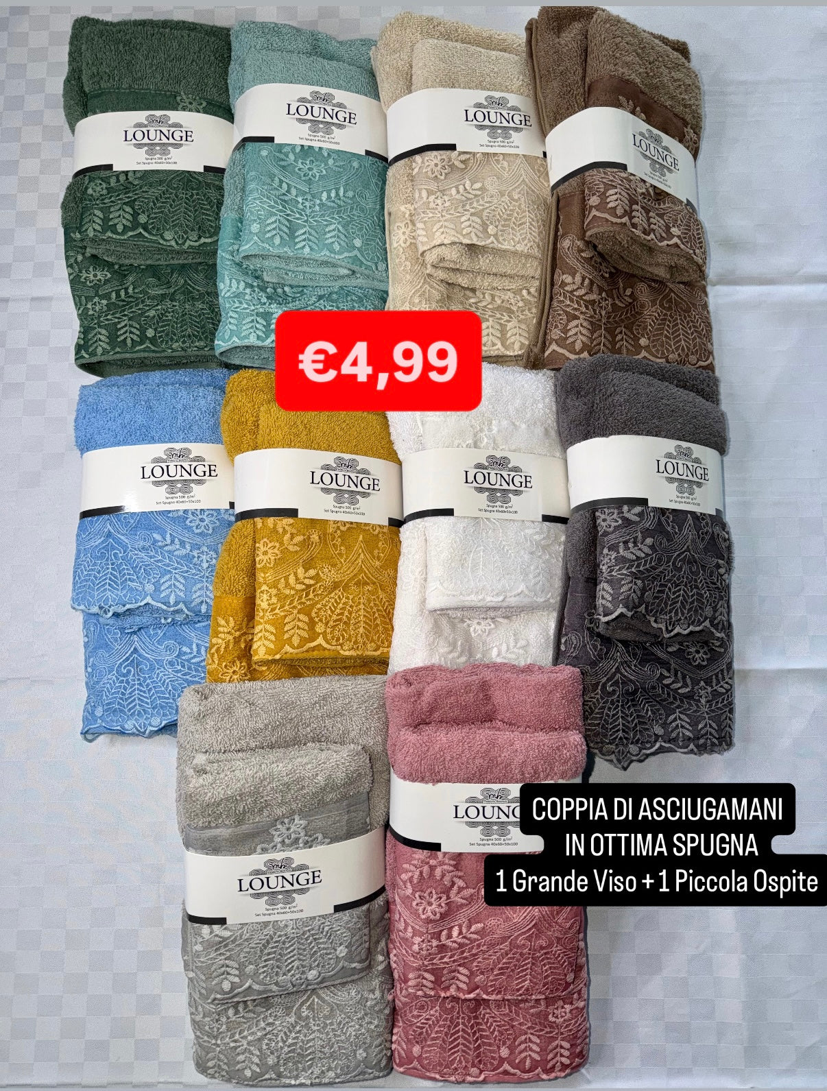 COPPIA DI ASCIUGAMANI IN OTTIMA SPUGNA CON RICAMO contiene 1 Grande Viso + 1 Piccola Ospite