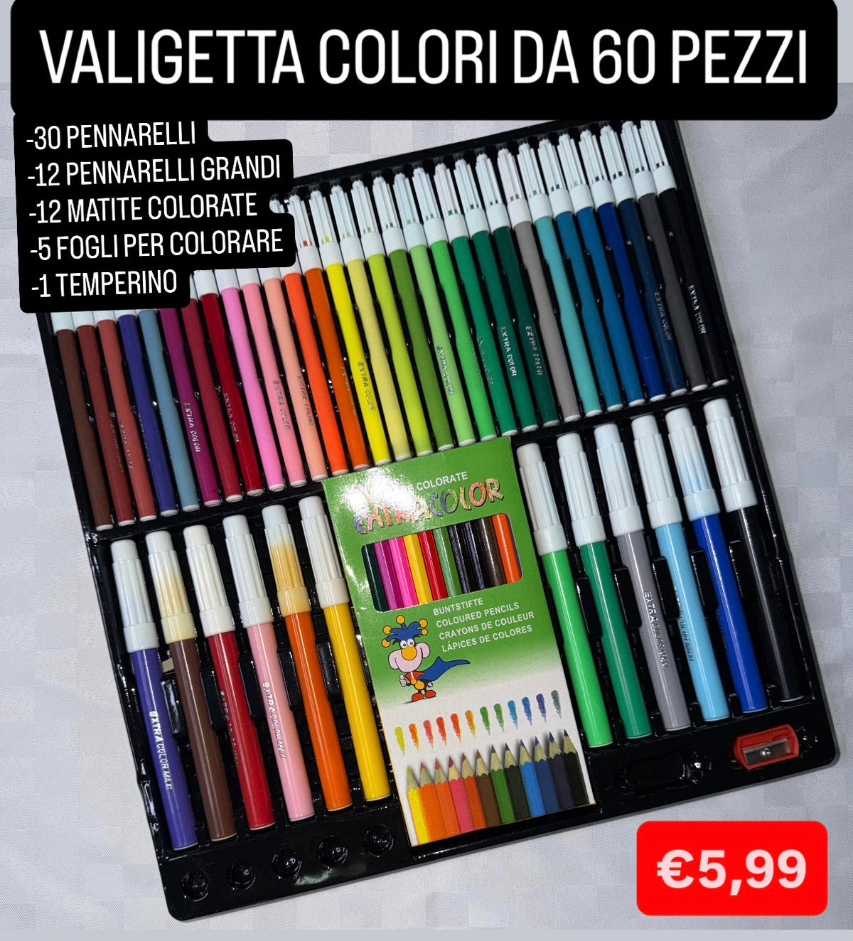 VALIGETTA COLORI DA 60 PEZZI contiene: 30 PENNARELLI , 12 PENNARELLI GRANDI, 12 MATITE COLORATE,5 FOGLI PER COLORARE e 1 TEMPERINO