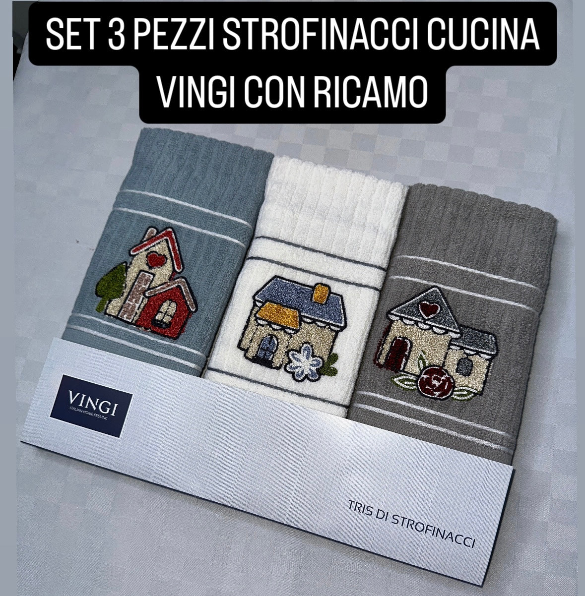 SET 3 PEZZI STROFINACCI CUCINA IN SPUGNA VINGI CON RICAMO