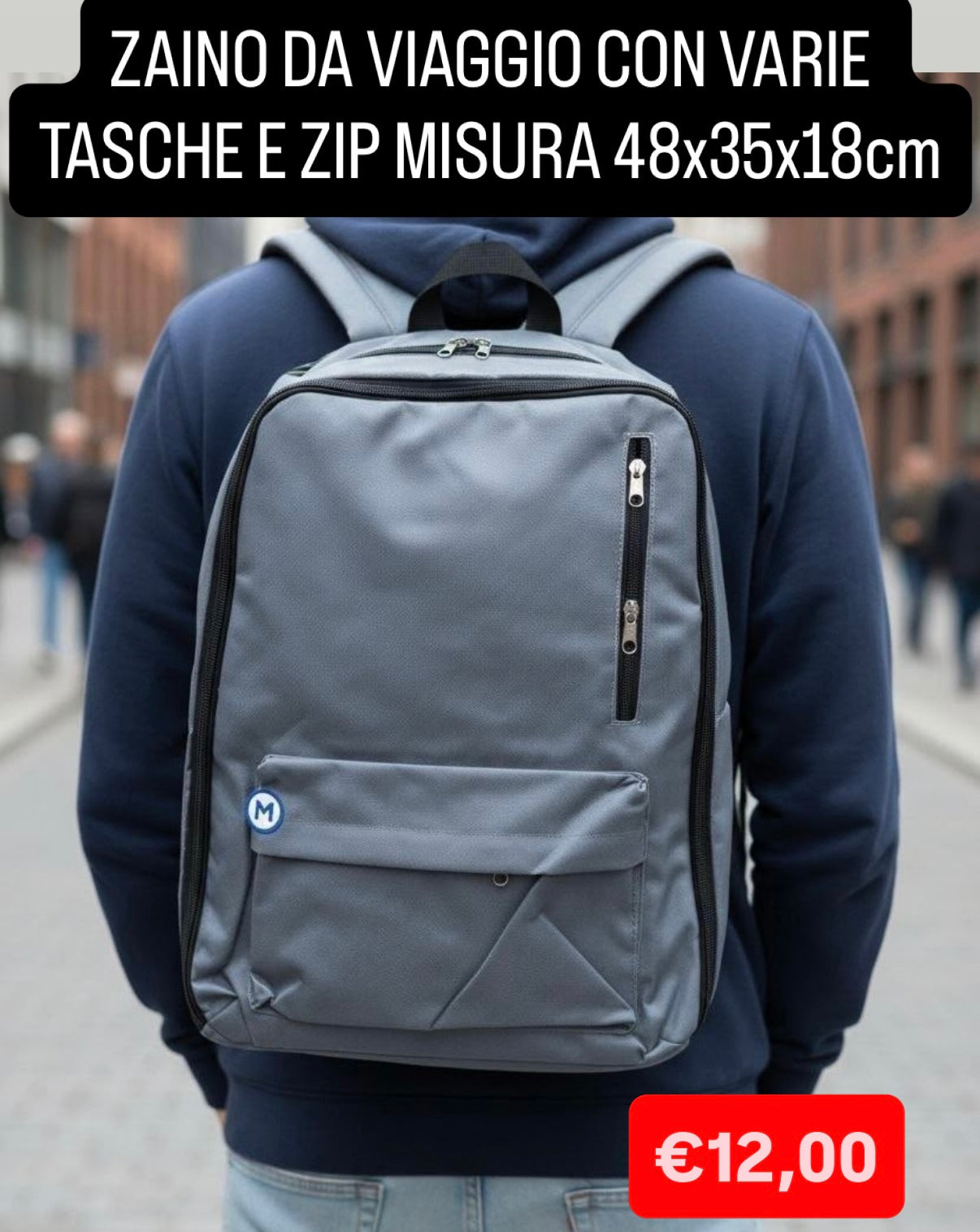 ZAINO DA VIAGGIO CON VARIE TASCHE E ZIP misura 48x35x18cm