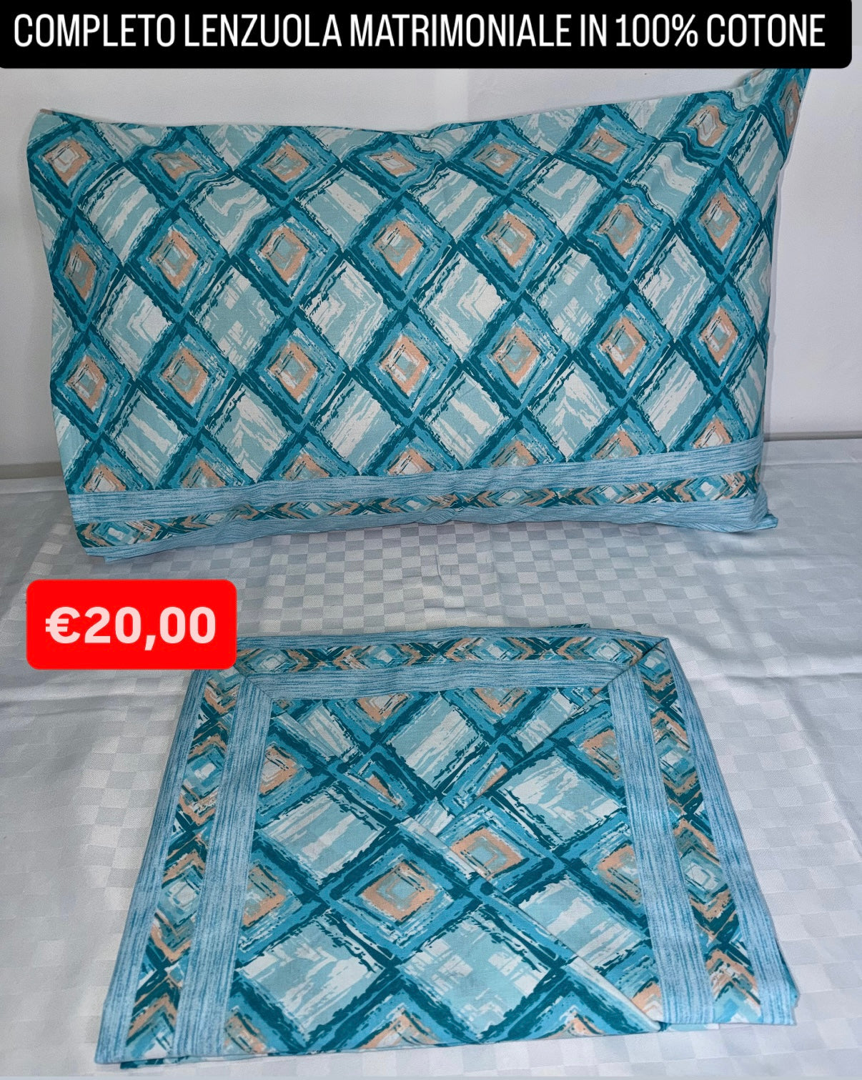 COMPLETO LENZUOLA MATRIMONIALE IN 100% COTONE Lenzuolo sopra, Lenzuolo sotto con angoli e due Federe