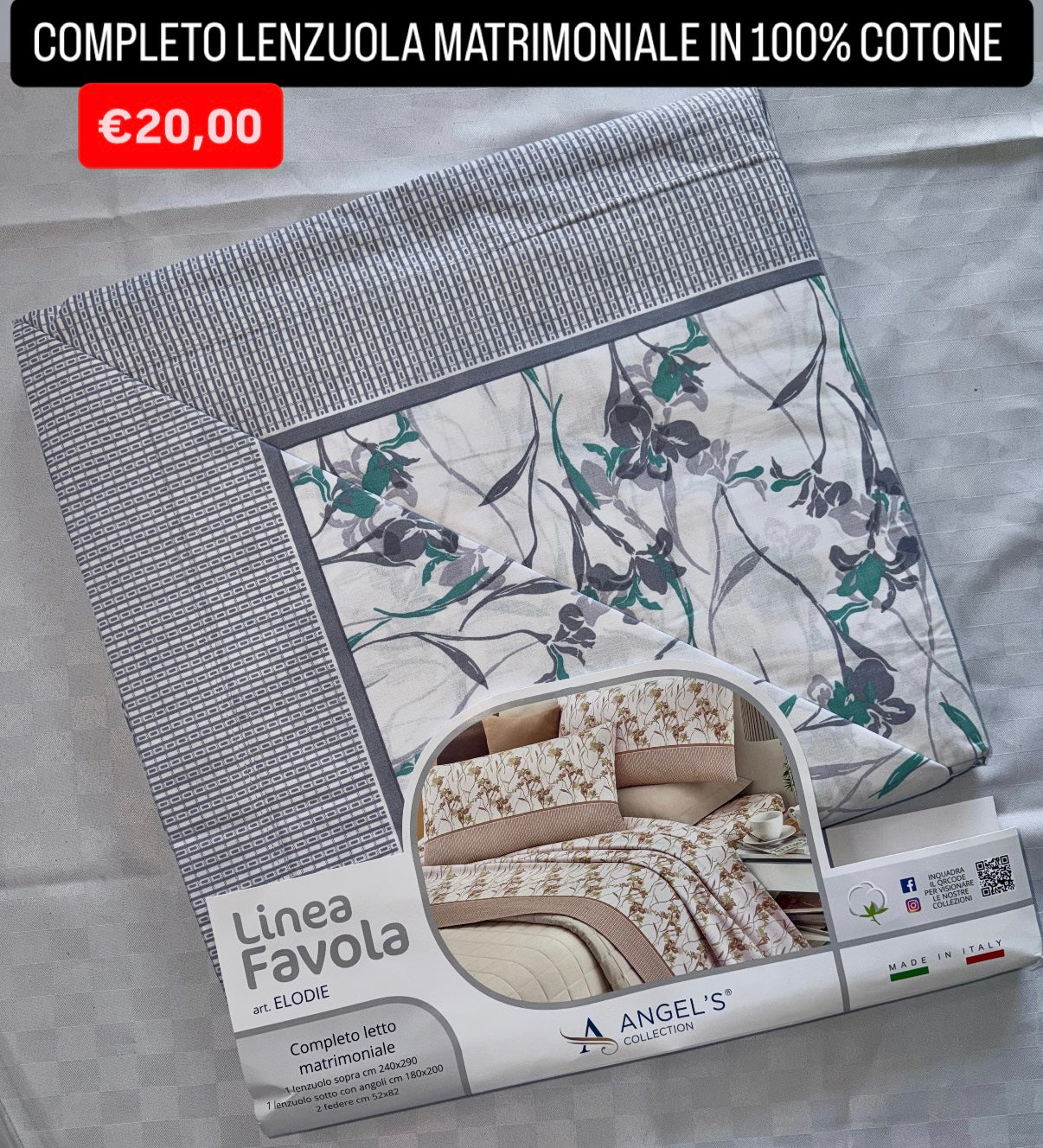 COMPLETO LENZUOLA MATRIMONIALE IN 100% COTONE , contiene Lenzuolo sopra, Lenzuolo sotto con angoli e due Federe