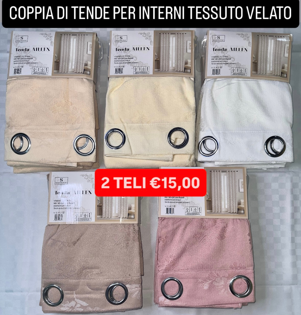 COPPIA DI TENDE PER INTERNI VELATE CONFEZIONE DA 2 TELI (OGNI TELO MISURA 140x280cm)art. Aileen