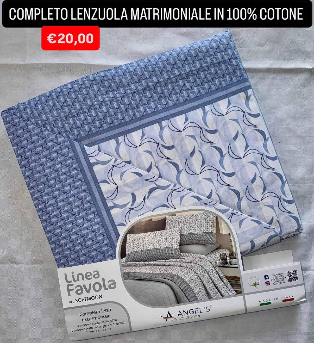 COMPLETO LENZUOLA MATRIMONIALE IN 100% COTONE , contiene Lenzuolo sopra, Lenzuolo sotto con angoli e due Federe