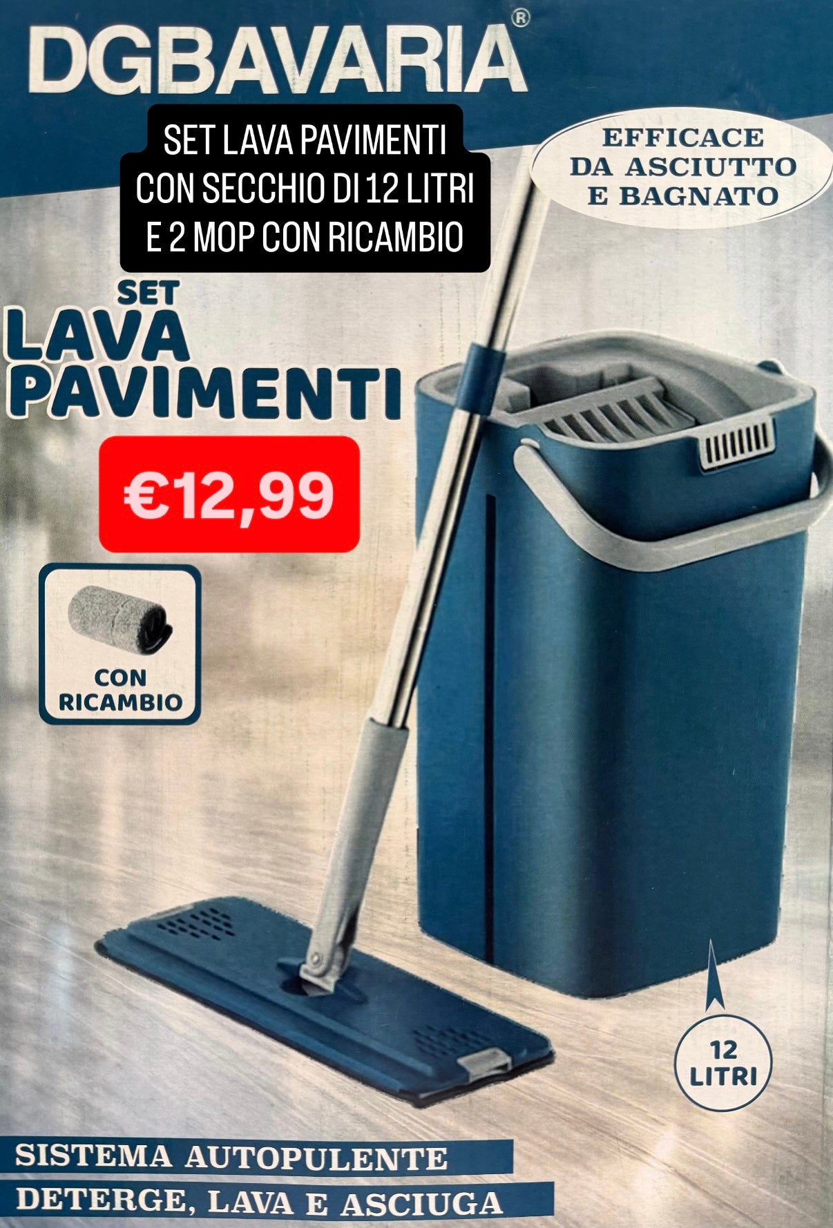 LAVAPAVIMENTI CON SECCHIO DI 12 LITRI comprende anche 2 MOP INTERCAMBIABILI
