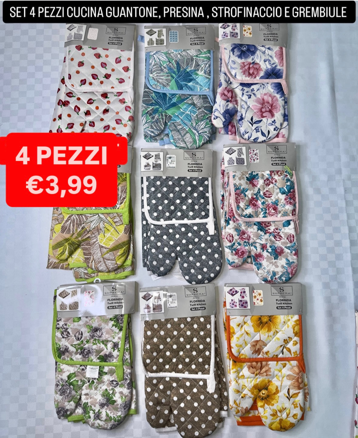 SET 4 PEZZI CUCINA CONTIENE: GUANTONE, PRESINA, STROFINACCIO E GREMBIULE (FANTASIA CASUALE)
