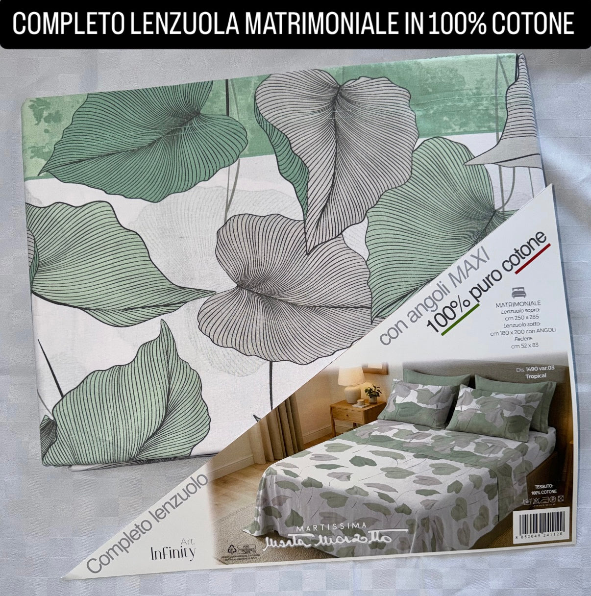 COMPLETO LENZUOLA MATRIMONIALE IN 100% COTONE , contiene Lenzuolo sopra, Lenzuolo sotto con angoli e due Federe