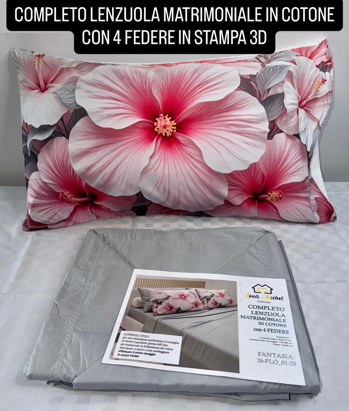 COMPLETO LENZUOLA MATRIMONIALE IN COTONE contiene LENZUOLO SOPRA, LENZUOLO SOTTO E 4 FEDERE IN STAMPA 3D