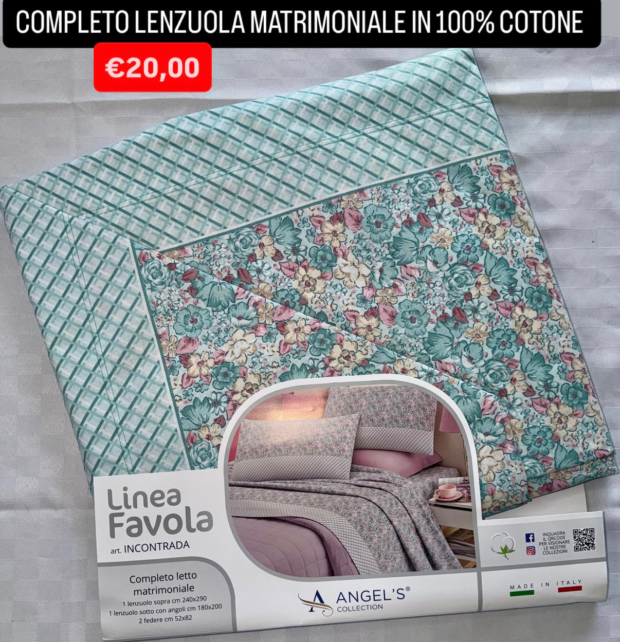 COMPLETO LENZUOLA MATRIMONIALE IN 100% COTONE , contiene Lenzuolo sopra, Lenzuolo sotto con angoli e due Federe