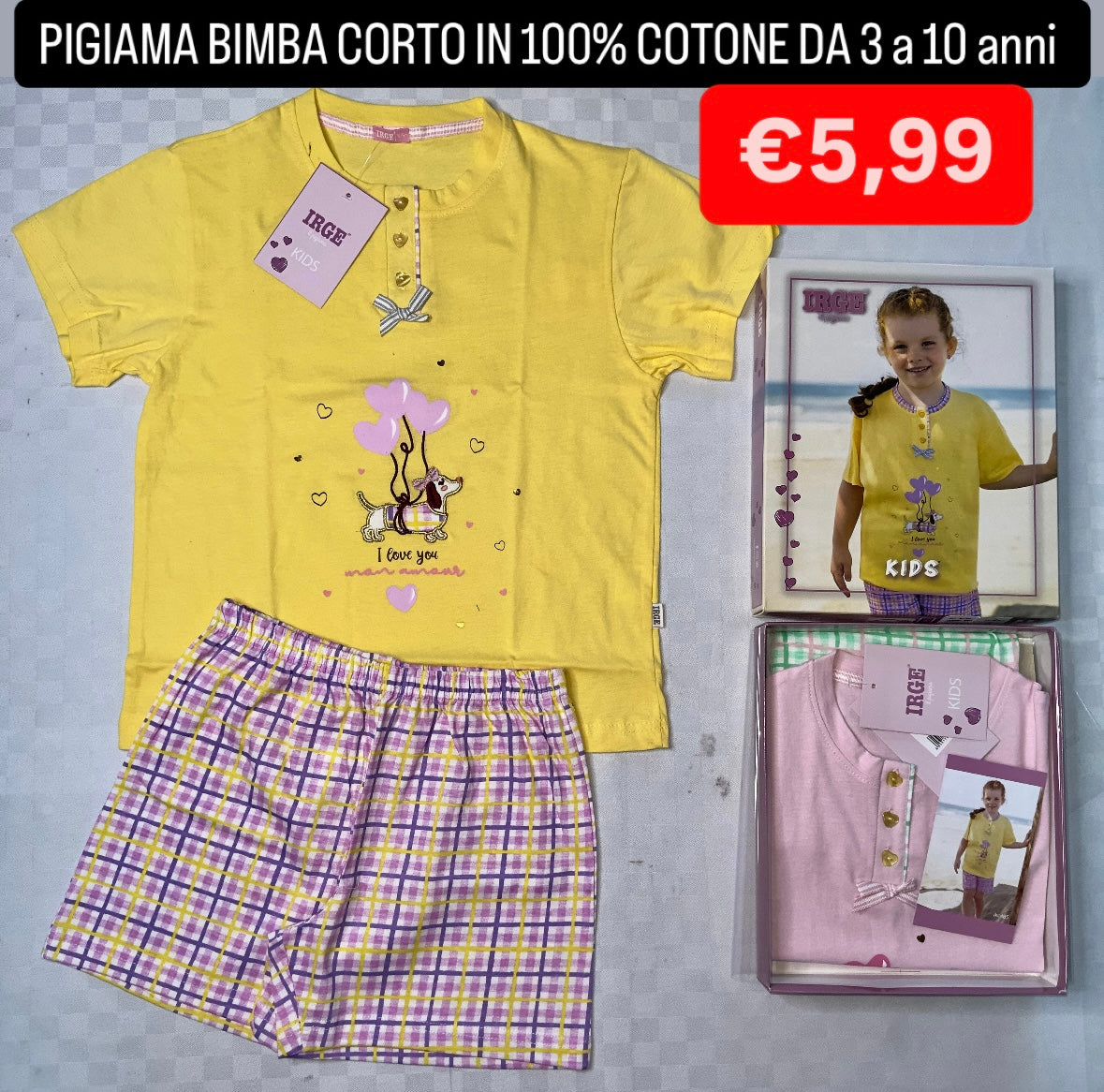 PIGIAMA BIMBA IN 100% COTONE MEZZA MANICA E PANTALONCINO Irge