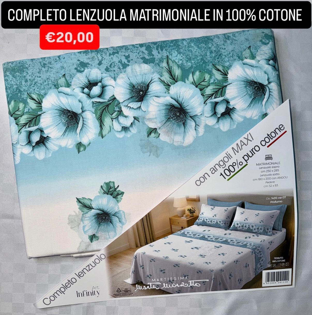 COMPLETO LENZUOLA MATRIMONIALE IN 100% COTONE , contiene Lenzuolo sopra, Lenzuolo sotto con angoli e due Federe