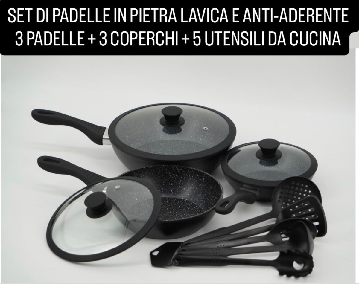 SET DI PADELLE IN PIETRA LAVICA E ANTI-ADERENTE contiene 3 PADELLE , 3 COPERCHI e 5 UTENSILI CUCINA