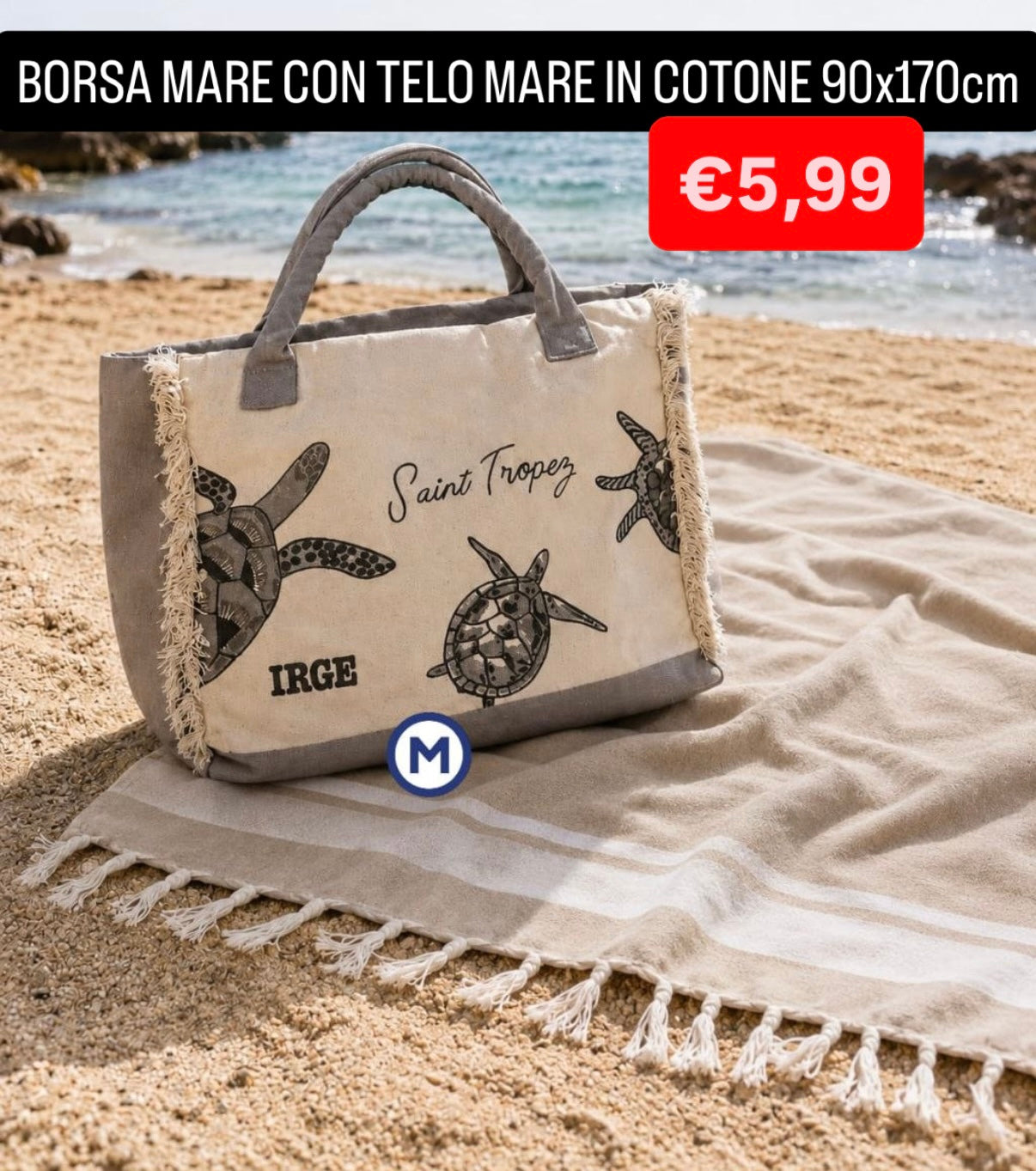 BORSA MARE CON TELO MARE IN COTONE misura 90x170cm