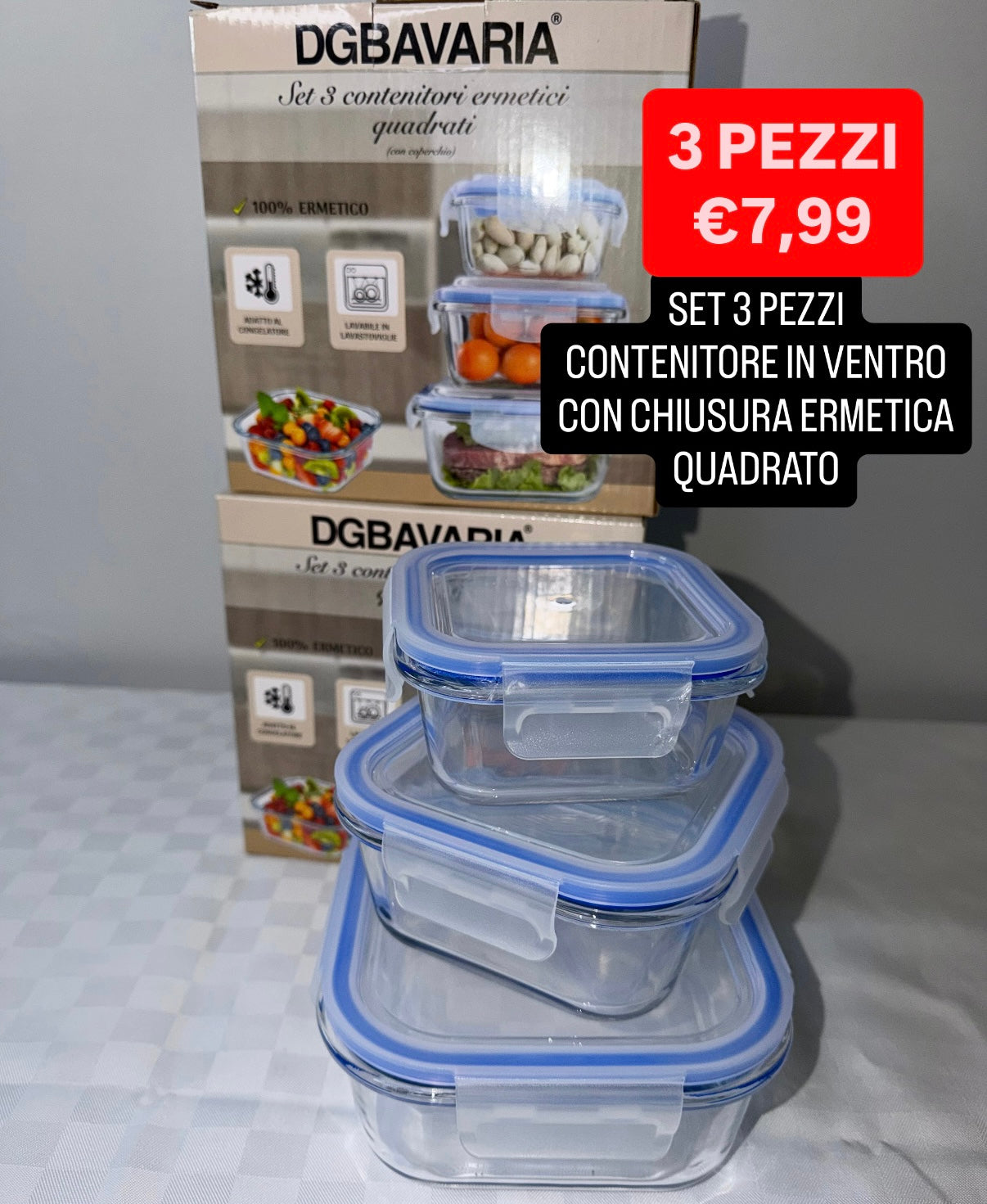 CONTENITORE IN VETRO CON CHIUSURA ERMETICA CONFEZIONE DA 3 PEZZI Quadrato