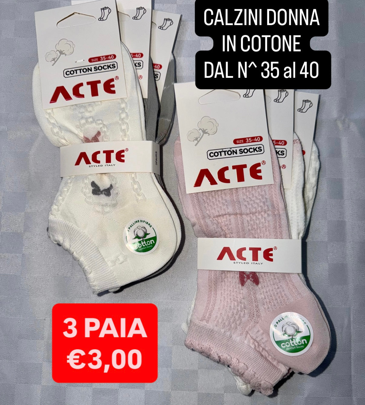 CALZINO DONNA IN COTONE CORTO Dal Numero 35 al 40,CONFEZIONE DA 3 PAIA (COLORE CASUALE)