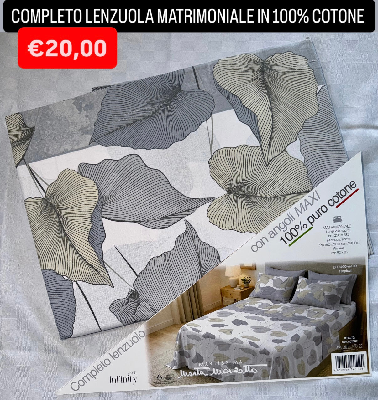 COMPLETO LENZUOLA MATRIMONIALE IN 100% COTONE , contiene Lenzuolo sopra, Lenzuolo sotto con angoli e due Federe