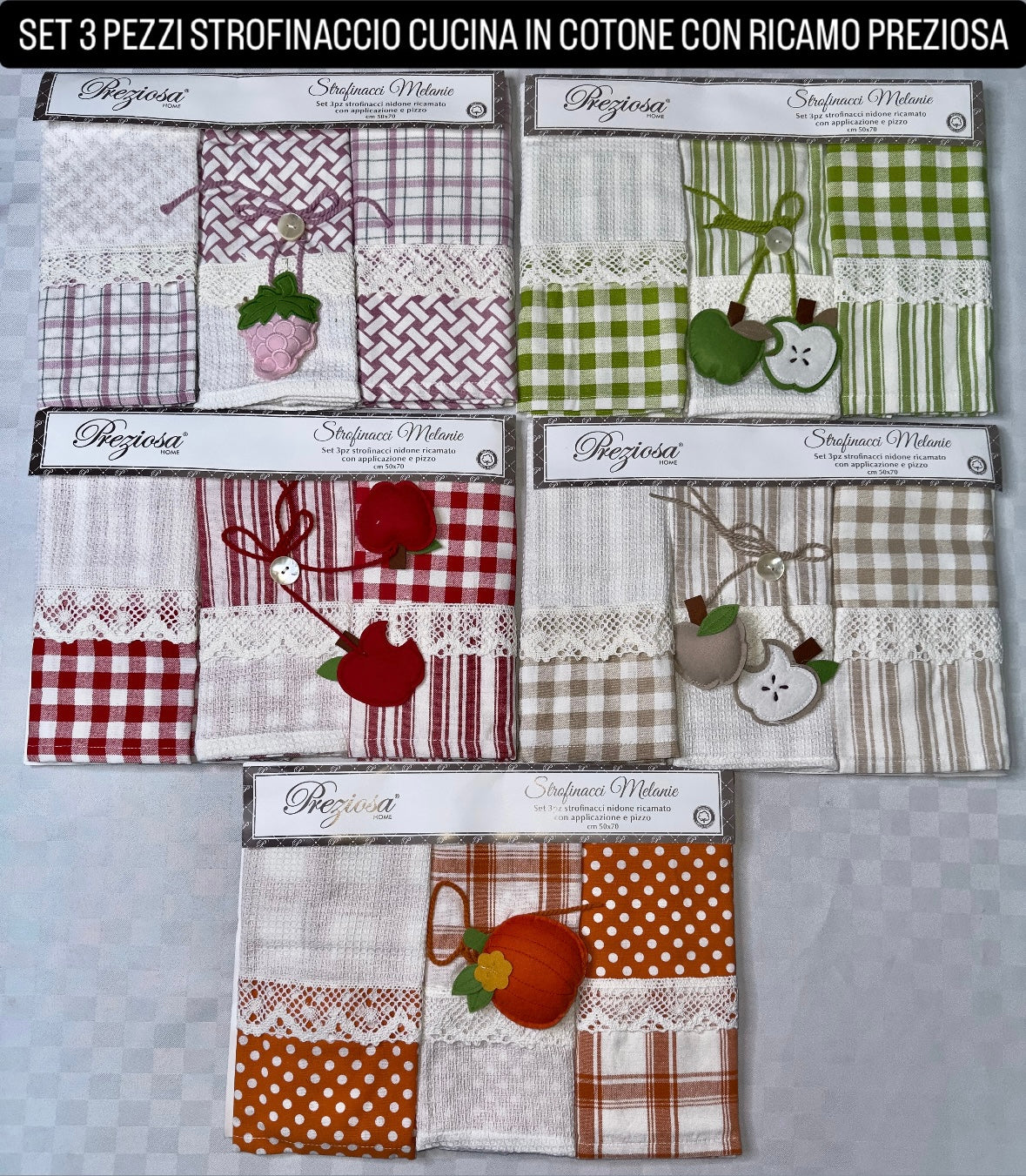 STROFINACCIO CUCINA SET DA 3 PEZZI IN COTONE 100% CON RICAMO PREZIOSA