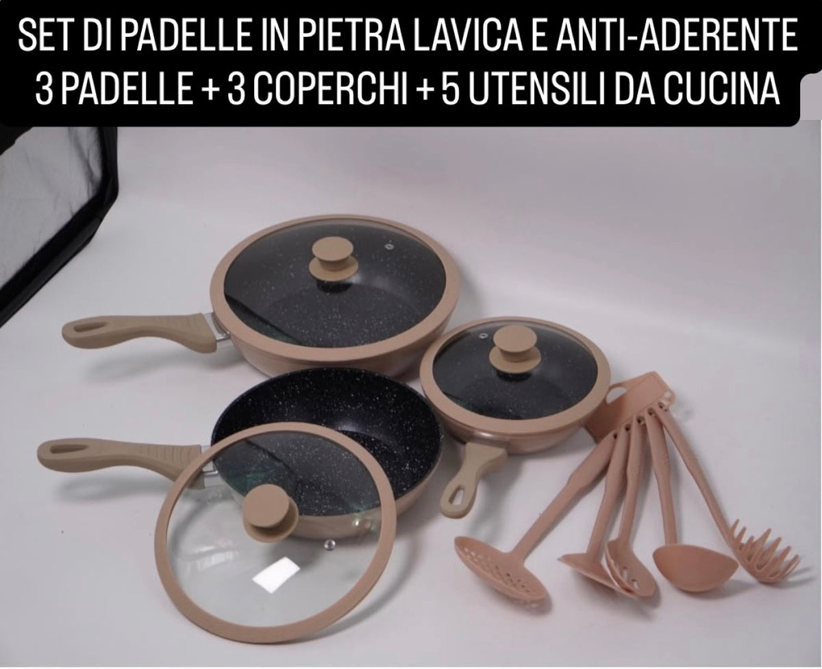 SET DI PADELLE IN PIETRA LAVICA E ANTI-ADERENTE contiene 3 PADELLE , 3 COPERCHI e 5 UTENSILI CUCINA