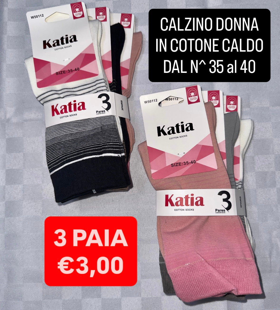 CALZINI DONNA SET DA 3 PAIA IN COTONE CALDO DAL NUMERO 35 al 40 (COLORE CASUALE)