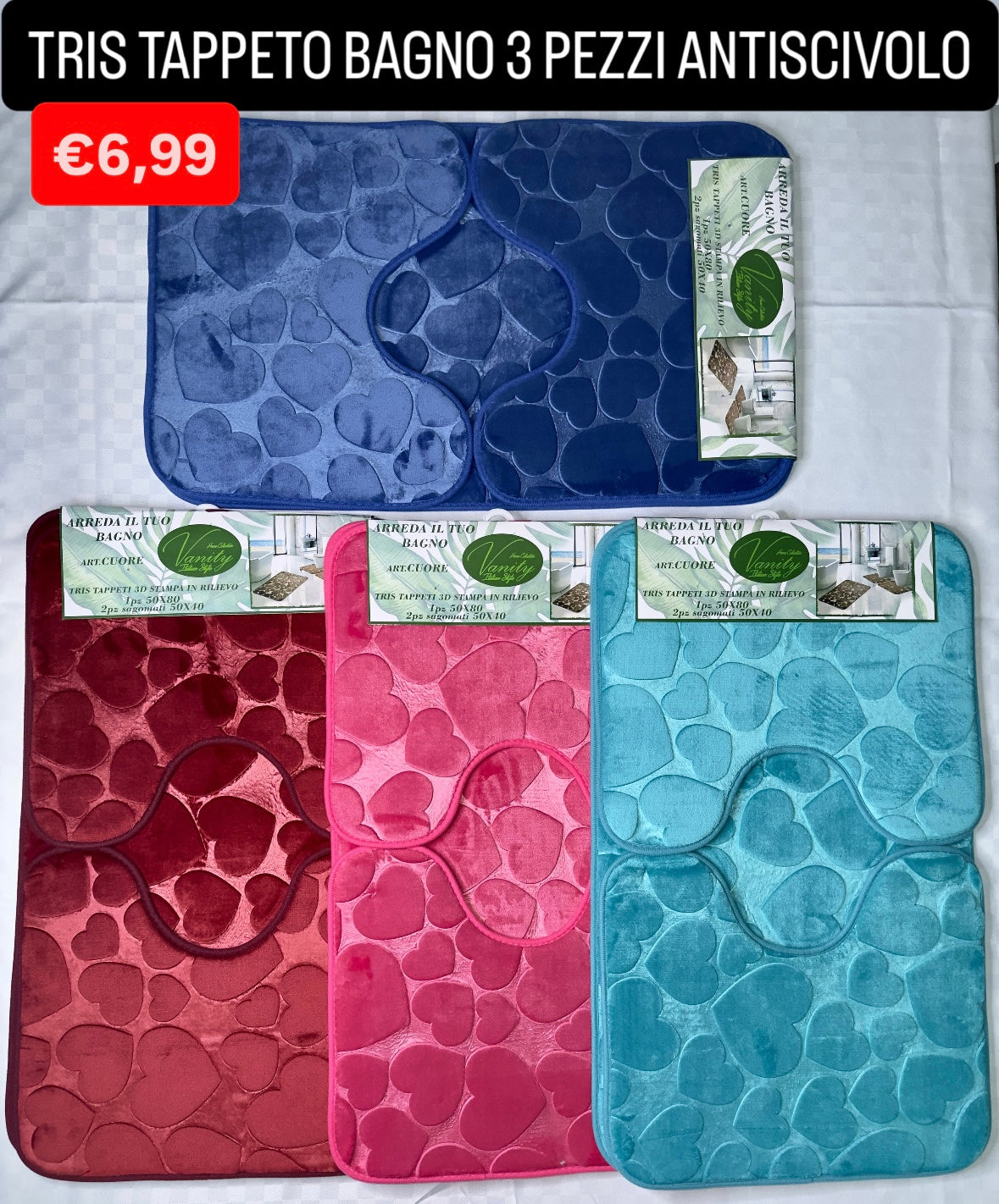 TRIS TAPPETO BAGNO 3 PEZZI ANTISCIVOLO ( 1 Pezzo 50x80cm e 2 Pezzi 50x40cm)