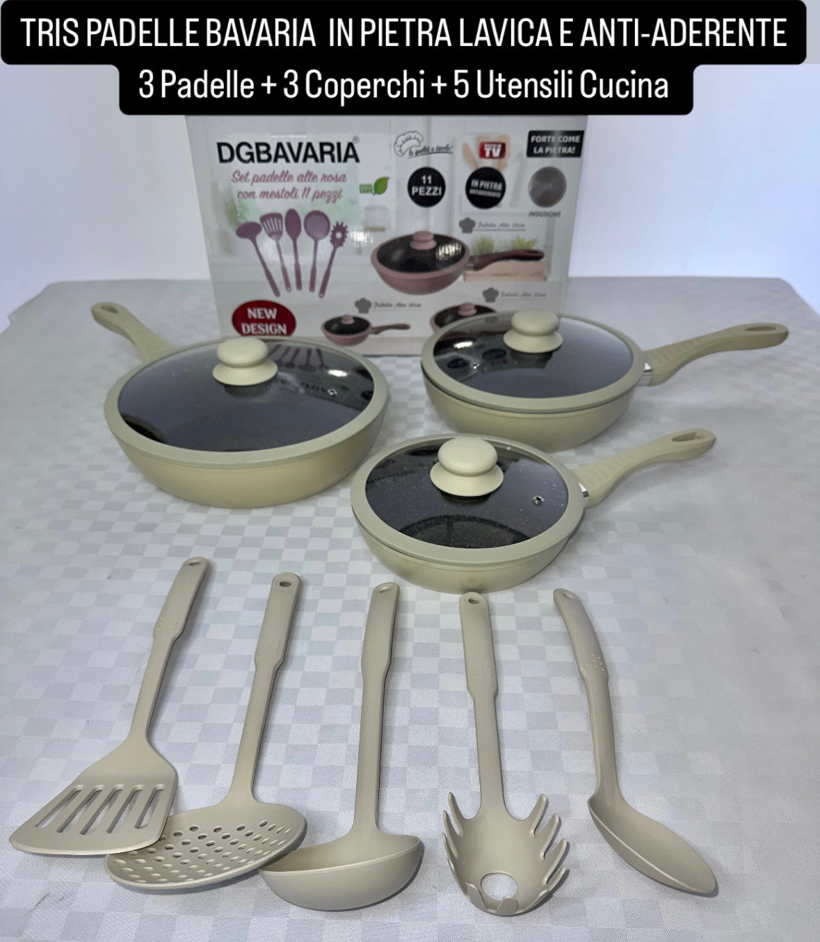 SET PADELLE BAVARIA IN PIETRA LAVICA E ANTI-ADERENTE 3 PADELLE , 3 COPERCHI e 5 UTENSILI CUCINA