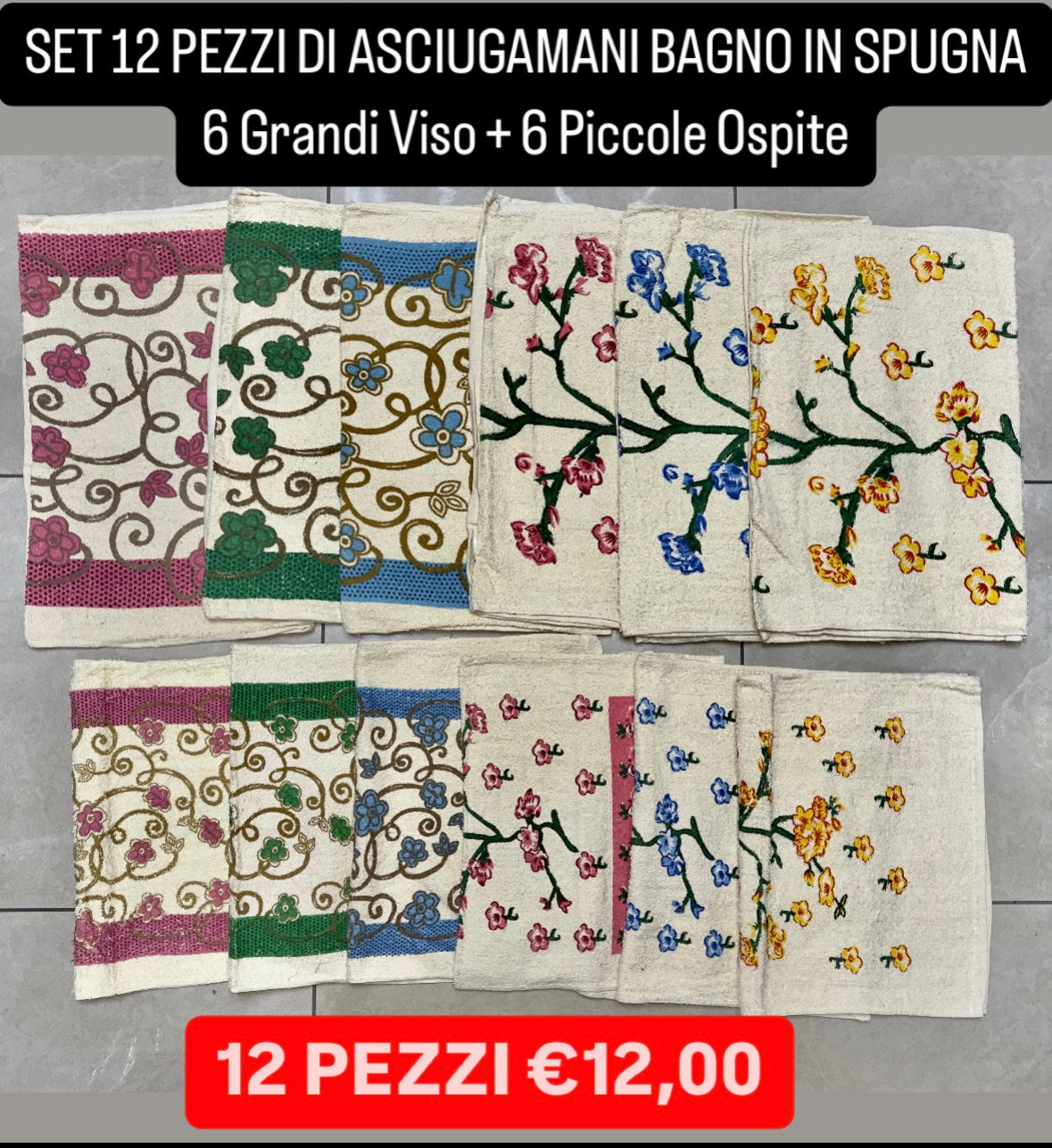 SET 12 PEZZI DI ASCIUGAMANI BAGNO IN SPUGNA 6 Grandi Viso + 6 Piccole Ospite