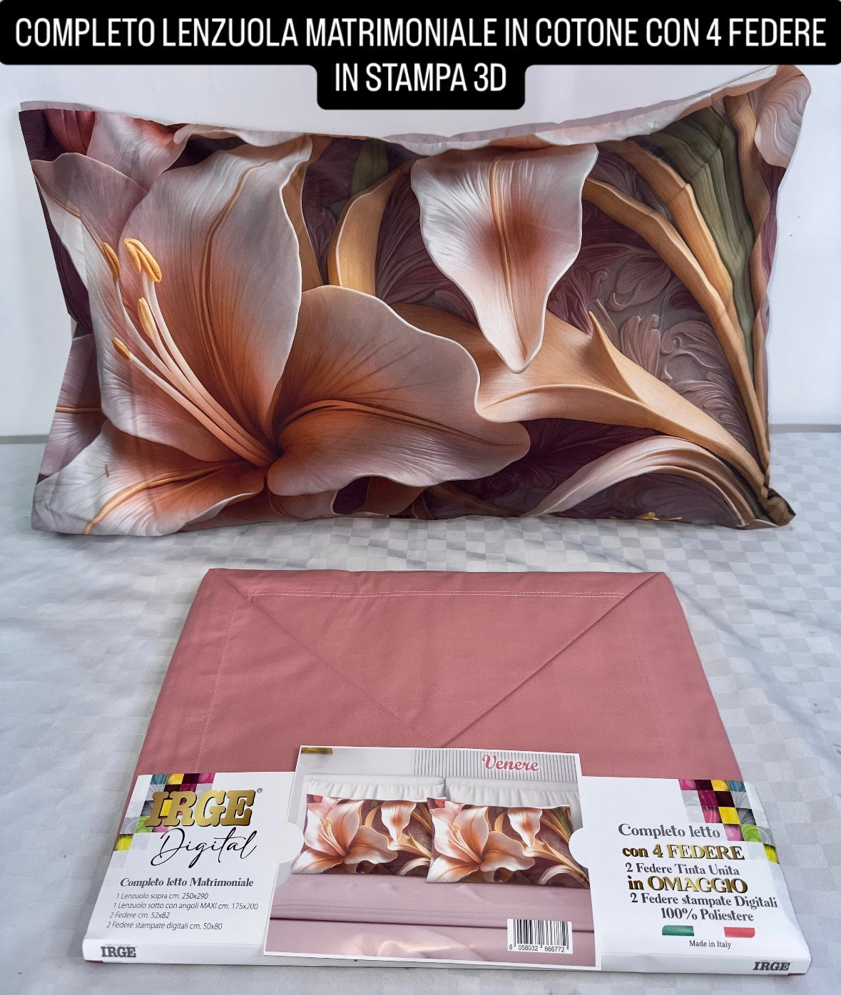 COMPLETO LENZUOLA MATRIMONIALE IN COTONE, LENZUOLO SOPRA, LENZUOLO SOTTO E 4 FEDERE IN STAMPA 3D.