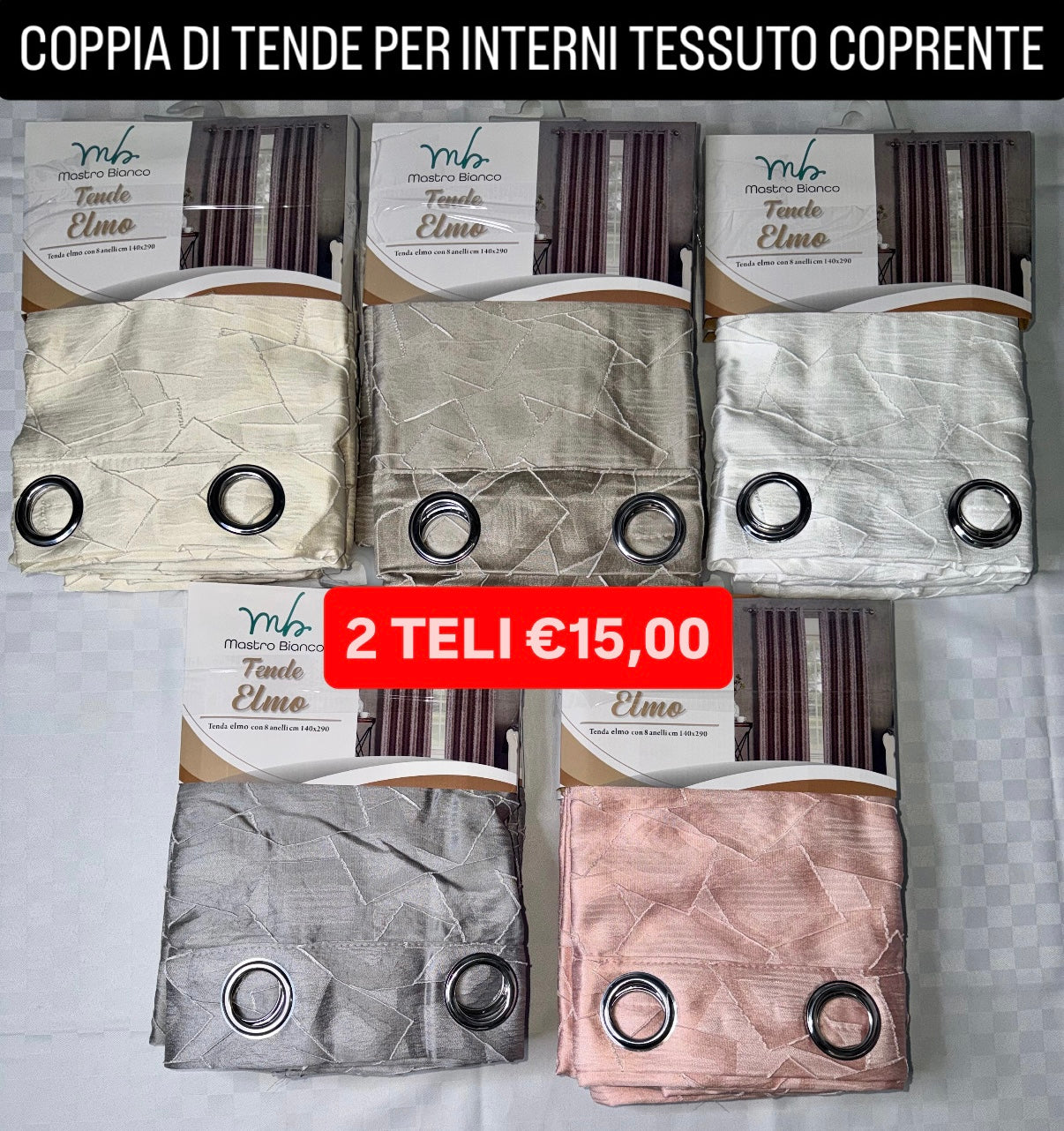 COPPIA DI TENDE PER INTERNI TESSUTO COPRENTE CONFEZIONE DA 2 TELI (OGNI TELO MISURA 140x290cm)art. Elmo