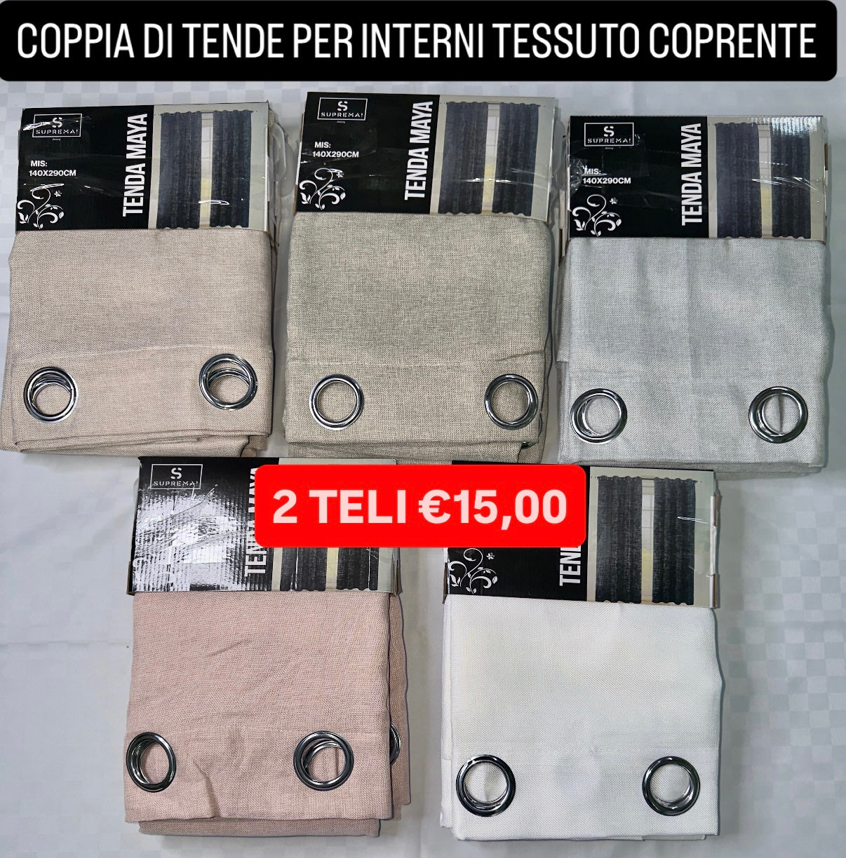 COPPIA DI TENDE PER INTERNI TESSUTO COPRENTE CONFEZIONE DA 2 TELI (OGNI TELO MISURA 140x290cm)art. Maya