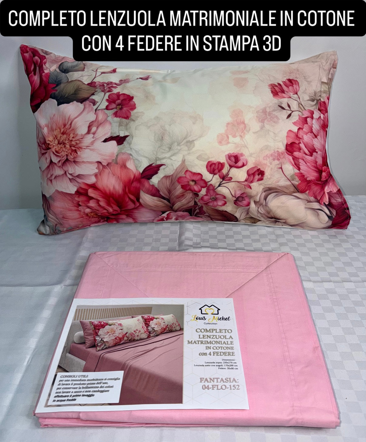 COMPLETO LENZUOLA MATRIMONIALE IN COTONE contiene LENZUOLO SOPRA, LENZUOLO SOTTO E 4 FEDERE IN STAMPA 3D