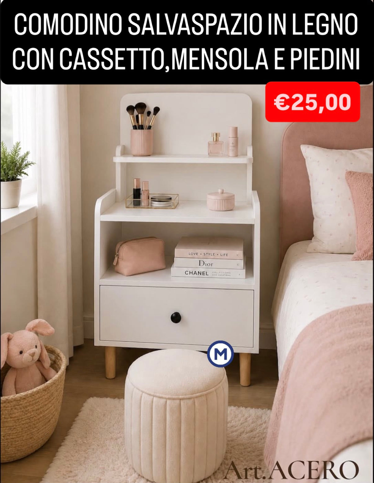 COMODINO SALVASPAZIO IN LEGNO CON CASSETTO,MENSOLA E PIEDINI misura 50x41cm