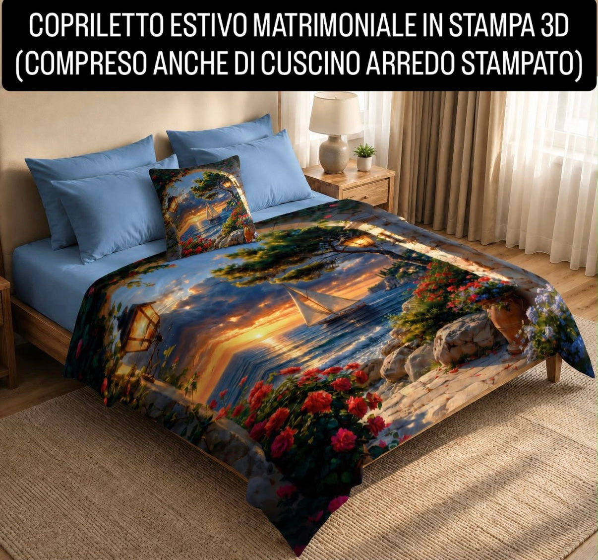 COPRILETTO ESTIVO MATRIMONIALE IN STAMPA 3D compreso anche di cuscino arredo stampato Misura 260x270cm