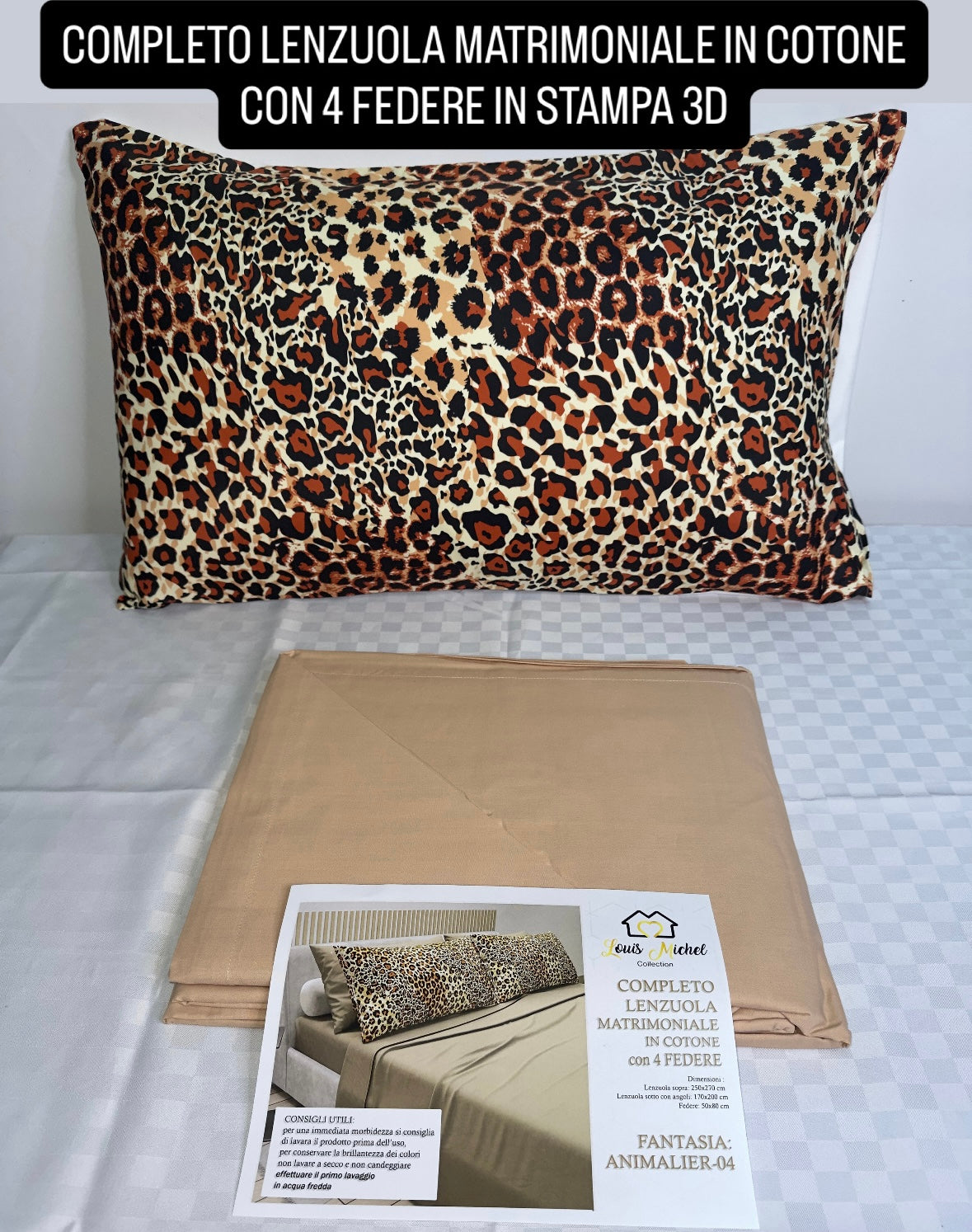 COMPLETO LENZUOLA MATRIMONIALE IN COTONE, LENZUOLO SOPRA, LENZUOLO SOTTO E 4 FEDERE IN STAMPA 3D