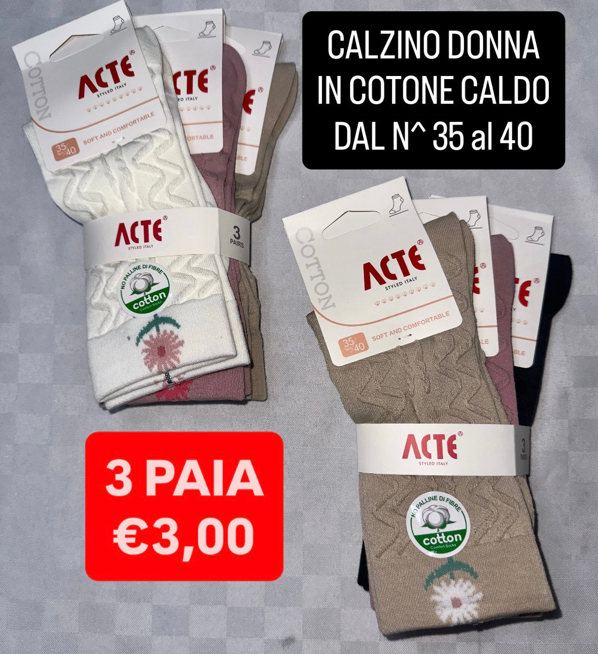 CALZINI DONNA SET DA 3 PAIA IN COTONE CALDO DAL NUMERO 35 al 40 (COLORE CASUALE)