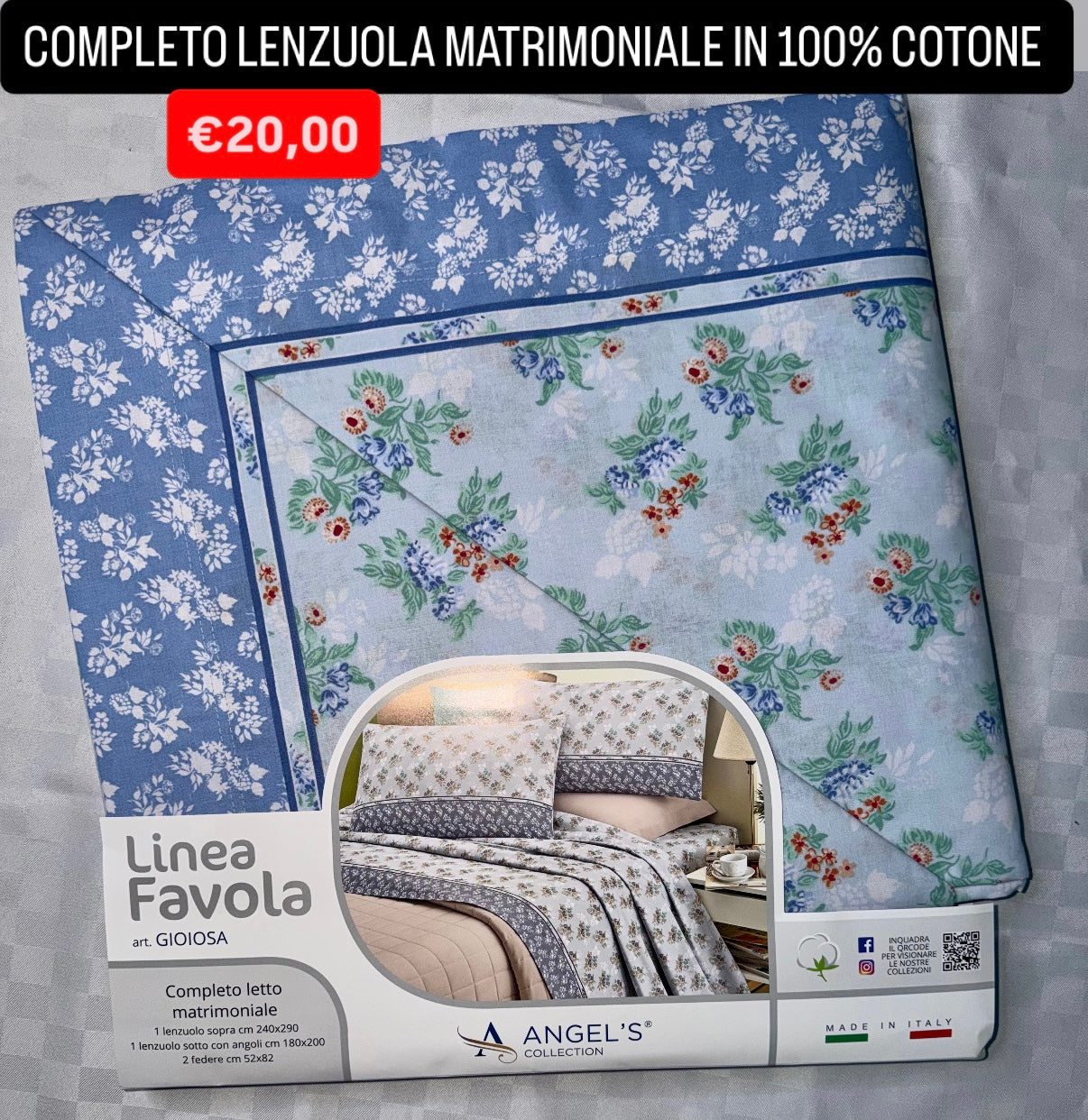 COMPLETO LENZUOLA MATRIMONIALE IN 100% COTONE , contiene Lenzuolo sopra, Lenzuolo sotto con angoli e due Federe