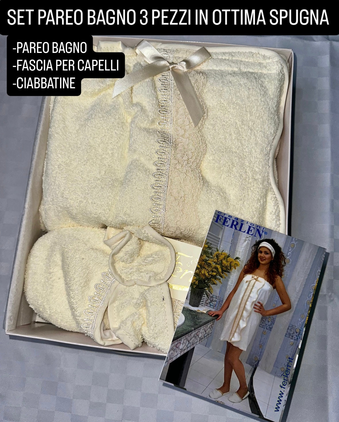 SET PAREO BAGNO 3 PEZZI IN SPUGNA contiene Pareo Bagno, Fascia per Capelli e Ciabattine