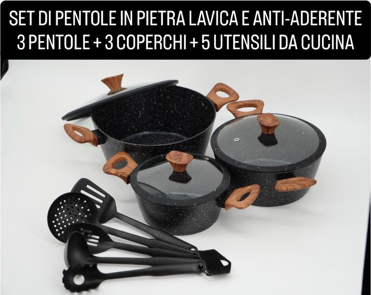 SET DI PENTOLE IN PIETRA LAVICA E ANTI-ADERENTE contiene 3 PENTOLE ,3 COPERCHI e 5 MESTOLI DA CUCINA