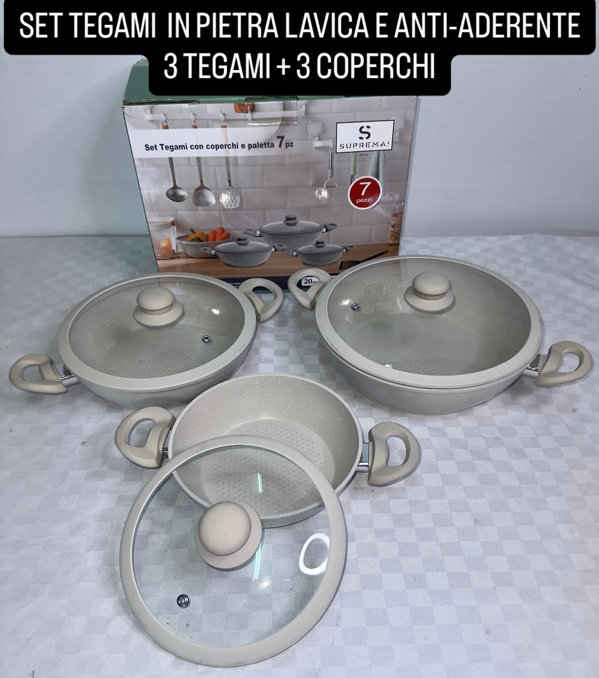 TRIS DI TEGAMI 3 PEZZI CON COPERCHIO IN PIETRA LAVICA E ANTI-ADERENTE