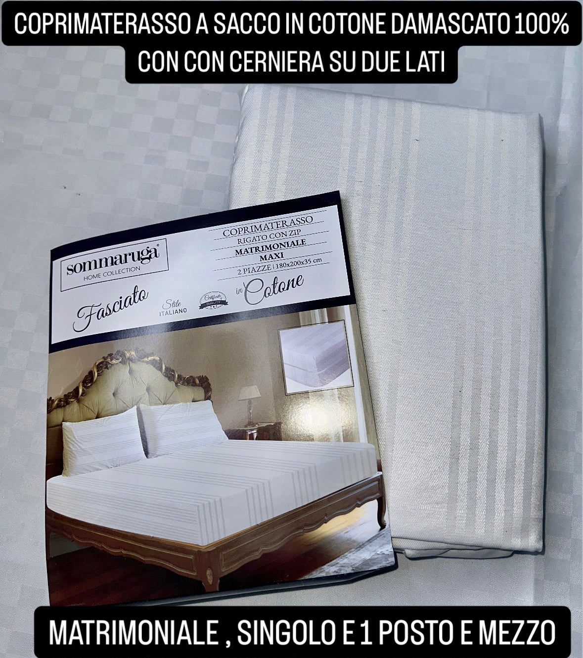COPRIMATERASSO A SACCO IN COTONE DAMASCATO 100% CON CON CERNIERA SU DUE LATI Matrimoniale, Singolo e 1 Posto e mezzo