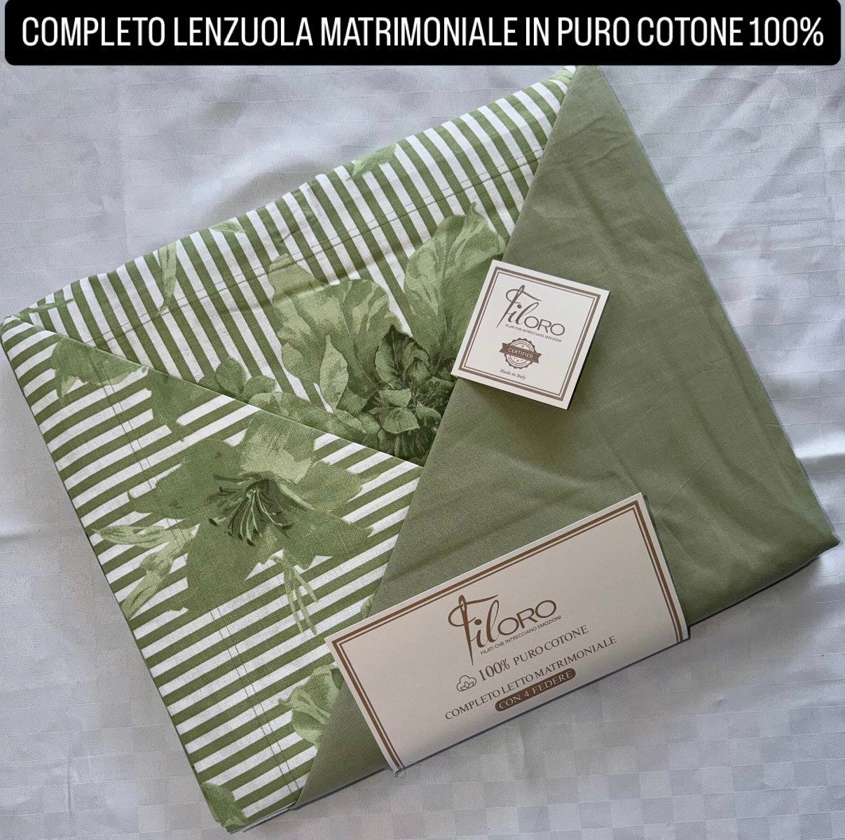 COMPLETO LENZUOLA MATRIMONIALE IN 100% PURO COTONE CON 4 FEDERE , contiene Lenzuolo sopra, Lenzuolo sotto con angoli e quattro Federe